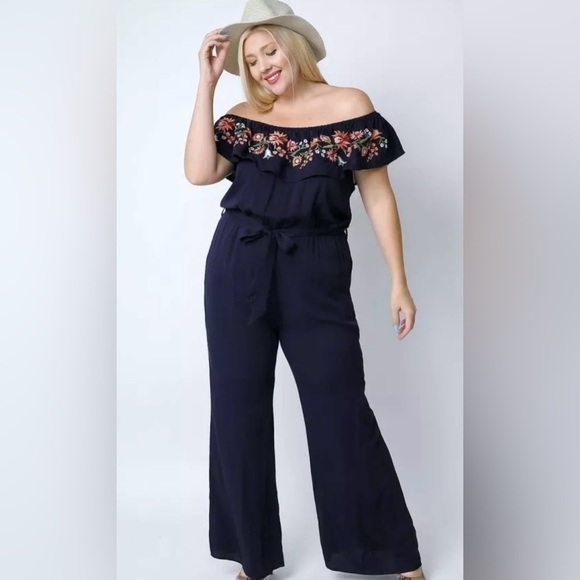 DAVI & DANI Pants - NWT!NAVY FLORAL EMBROIDERED RUFFLED OFF-SHOULDER NECKLINE WIDE LEG Size 1X 2X 3X
